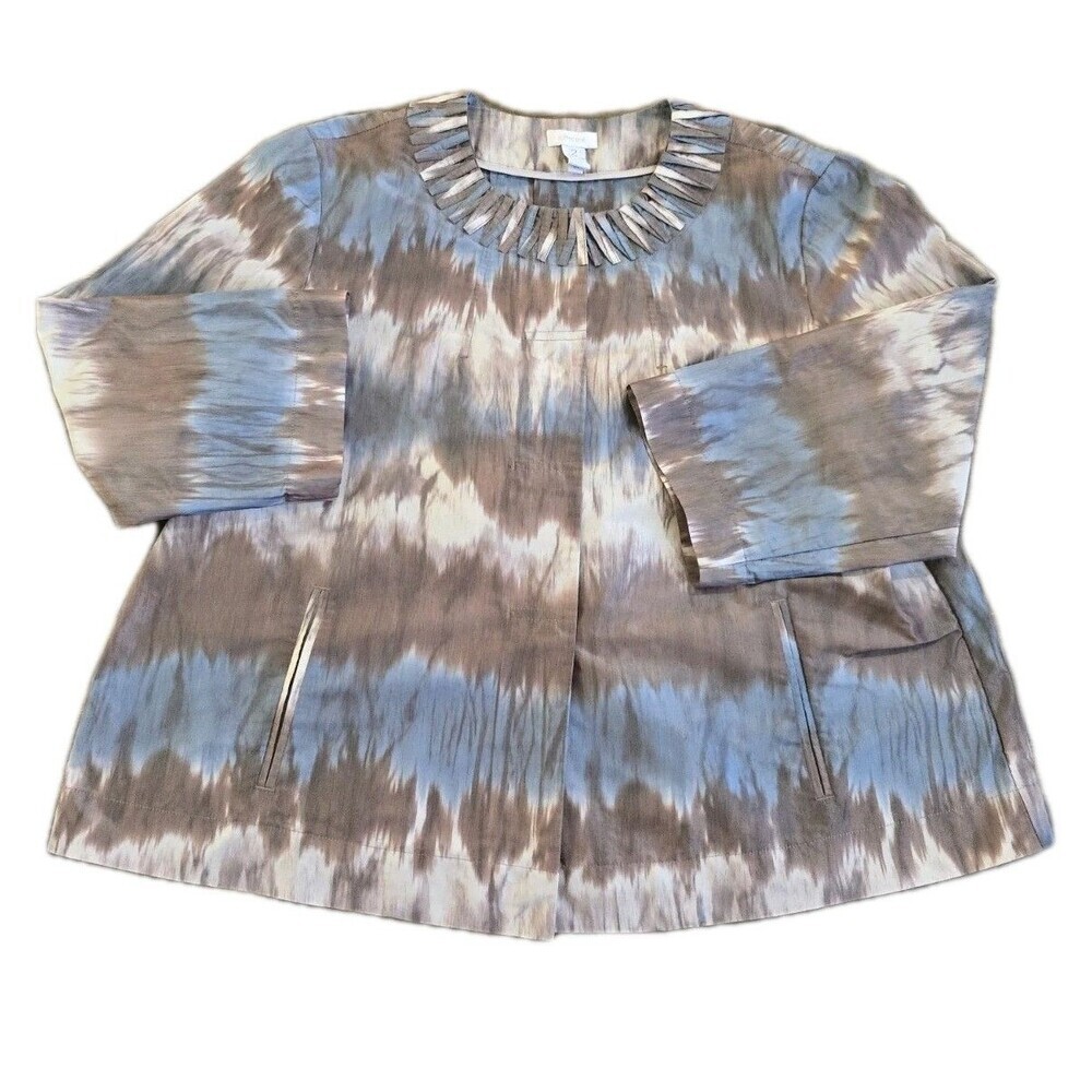Chico’s Tie Dye Jacket Womens Size 2 L Blue Brown Cropped Snap Front Lightweight - Picture 11 of 11
